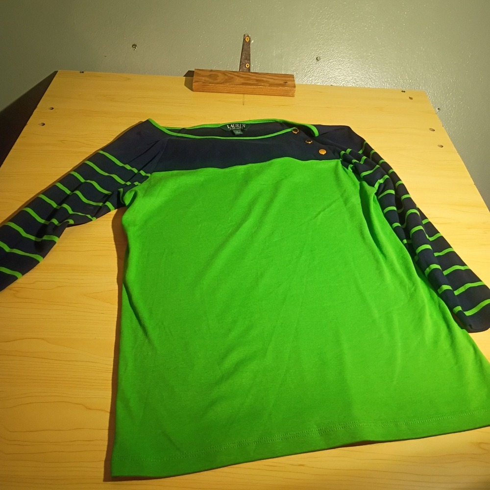 Lauren Ralph Lauren Top Women S Green Navy Blue Striped Boat Neck Button Accent